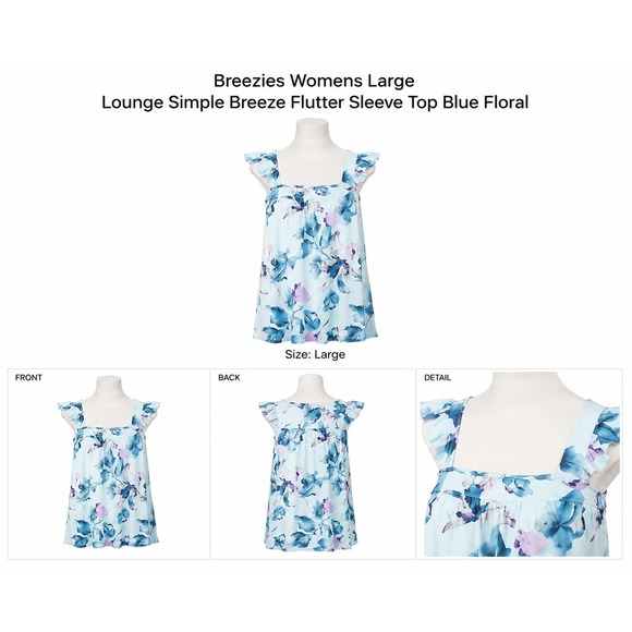Breezies Tops - Breezies Womens Large Simple Breeze Flutter Sleeve Top Blue Floral A5995598